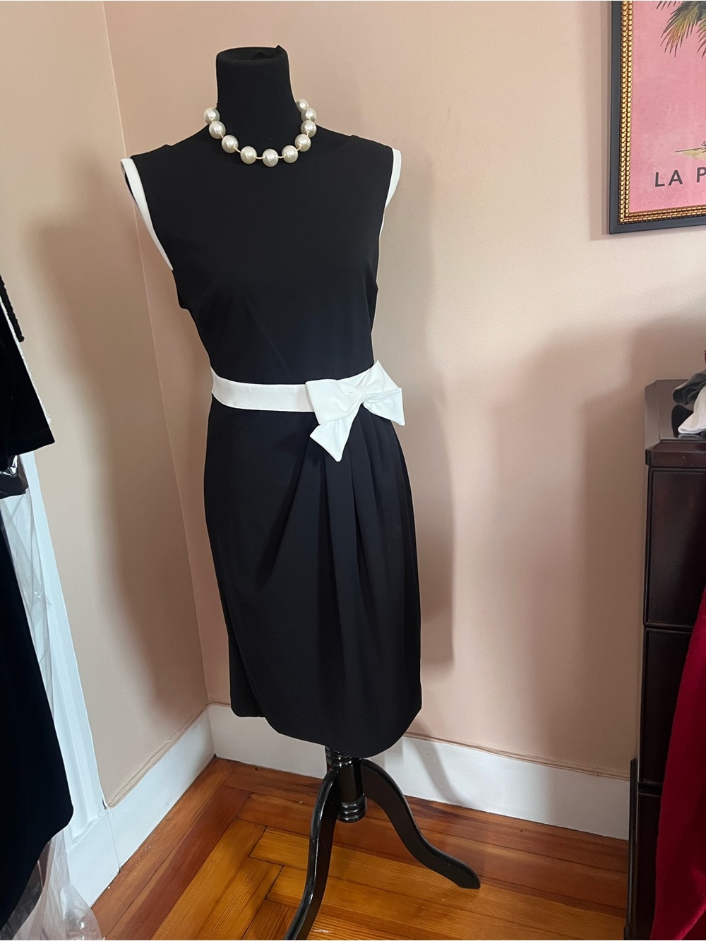 Karl Lagerfeld Black Sheath Dress with White Bow Belt